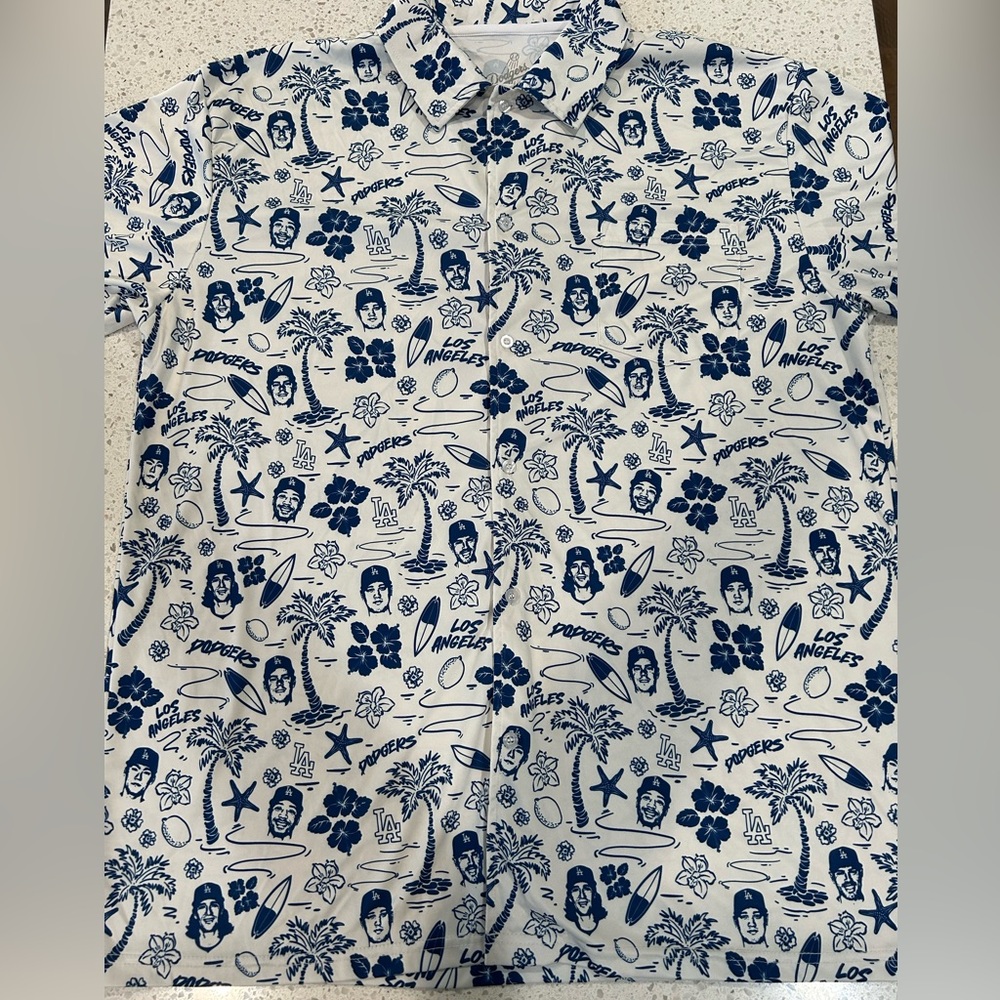 Blue and White Graphic Button-Up Shirt